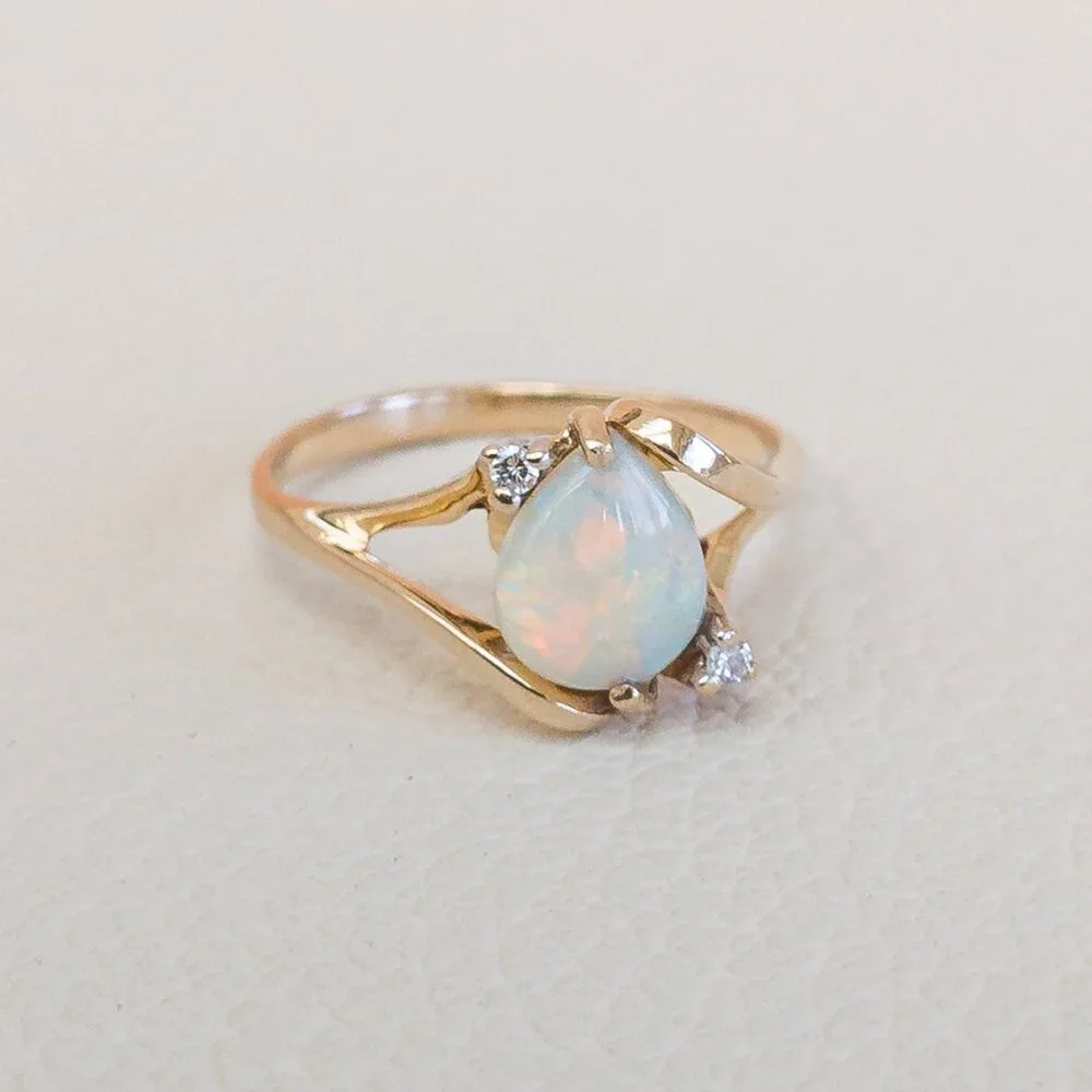 SOLD - 14K Gold Australian Opal & Diamond Ring – Vintage 1990s Setting - Picture 12 of 16